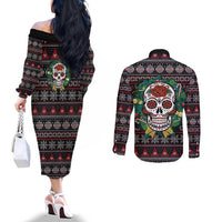Skull Christmas Couples Matching Off The Shoulder Long Sleeve Dress and Long Sleeve Button Shirt Xmas Holiday Patterns - Wonder Print Shop