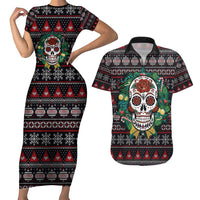 Skull Christmas Couples Matching Short Sleeve Bodycon Dress and Hawaiian Shirt Xmas Holiday Patterns - Wonder Print Shop