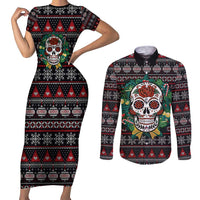 Skull Christmas Couples Matching Short Sleeve Bodycon Dress and Long Sleeve Button Shirt Xmas Holiday Patterns - Wonder Print Shop