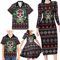 Skull Christmas Family Matching Long Sleeve Bodycon Dress and Hawaiian Shirt Xmas Holiday Patterns - Wonder Print Shop