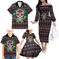 Skull Christmas Family Matching Off The Shoulder Long Sleeve Dress and Hawaiian Shirt Xmas Holiday Patterns - Wonder Print Shop
