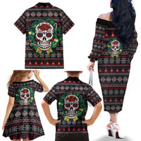 Skull Christmas Family Matching Off The Shoulder Long Sleeve Dress and Hawaiian Shirt Xmas Holiday Patterns - Wonder Print Shop