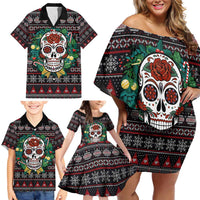 Skull Christmas Family Matching Off Shoulder Short Dress and Hawaiian Shirt Xmas Holiday Patterns - Wonder Print Shop