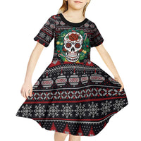 Skull Christmas Kid Short Sleeve Dress Xmas Holiday Patterns - Wonder Print Shop