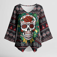 Skull Christmas Kimono Sleeve Blouse Xmas Holiday Patterns - Wonder Print Shop