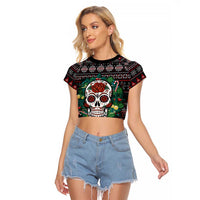 Skull Christmas Raglan Cropped T Shirt Xmas Holiday Patterns - Wonder Print Shop