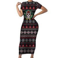 Skull Christmas Short Sleeve Bodycon Dress Xmas Holiday Patterns - Wonder Print Shop