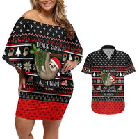 Sloth All I Want For Christmas Couples Matching Off Shoulder Short Dress and Hawaiian Shirt Xmas Holiday Patterns - Wonder Print Shop