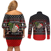 Sloth All I Want For Christmas Couples Matching Off Shoulder Short Dress and Long Sleeve Button Shirt Xmas Holiday Patterns - Wonder Print Shop