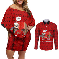 Sloth Chill Out Christmas Couples Matching Off Shoulder Short Dress and Long Sleeve Button Shirt Xmas Holiday Patterns - Wonder Print Shop