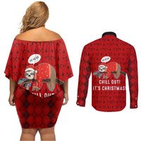 Sloth Chill Out Christmas Couples Matching Off Shoulder Short Dress and Long Sleeve Button Shirt Xmas Holiday Patterns - Wonder Print Shop