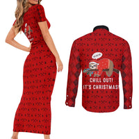 Sloth Chill Out Christmas Couples Matching Short Sleeve Bodycon Dress and Long Sleeve Button Shirt Xmas Holiday Patterns - Wonder Print Shop