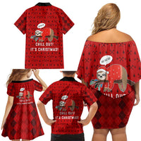 Sloth Chill Out Christmas Family Matching Off Shoulder Short Dress and Hawaiian Shirt Xmas Holiday Patterns - Wonder Print Shop