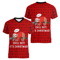 Sloth Chill Out Christmas Women V-Neck T-Shirt Xmas Holiday Patterns - Wonder Print Shop