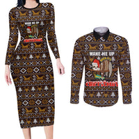 Sloth Wake Me Up Christmas Couples Matching Long Sleeve Bodycon Dress and Long Sleeve Button Shirt Xmas Holiday Patterns - Wonder Print Shop