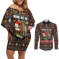 Sloth Wake Me Up Christmas Couples Matching Off Shoulder Short Dress and Long Sleeve Button Shirt Xmas Holiday Patterns - Wonder Print Shop