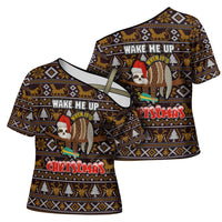 Sloth Wake Me Up Christmas Cross Shoulder Shirt Xmas Holiday Patterns - Wonder Print Shop