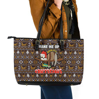 Sloth Wake Me Up Christmas Leather Tote Bag Xmas Holiday Patterns - Wonder Print Shop