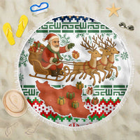 Iran Christmas Beach Blanket with Santa Sleigh Reindeer Map and Green Red Snowflake Pattern - Wonder Print Shop