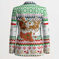Iran Christmas Blazer with Santa Sleigh Reindeer Map and Green Red Snowflake Pattern - Wonder Print Shop