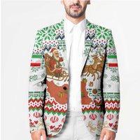 Iran Christmas Blazer with Santa Sleigh Reindeer Map and Green Red Snowflake Pattern - Wonder Print Shop