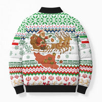 Iran Christmas Bomber Puffer Jacket with Santa Sleigh Reindeer Map and Green Red Snowflake Pattern - Wonder Print Shop