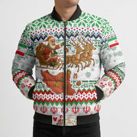 Iran Christmas Bomber Puffer Jacket with Santa Sleigh Reindeer Map and Green Red Snowflake Pattern - Wonder Print Shop
