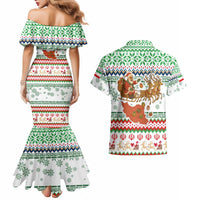 Iran Christmas Couples Matching Mermaid Dress and Hawaiian Shirt with Santa Sleigh Reindeer Map and Green Red Snowflake Pattern - Wonder Print Shop