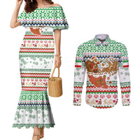 Iran Christmas Couples Matching Mermaid Dress and Long Sleeve Button Shirt with Santa Sleigh Reindeer Map and Green Red Snowflake Pattern - Wonder Print Shop