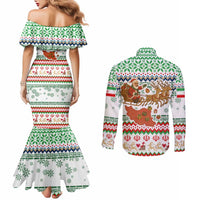 Iran Christmas Couples Matching Mermaid Dress and Long Sleeve Button Shirt with Santa Sleigh Reindeer Map and Green Red Snowflake Pattern - Wonder Print Shop