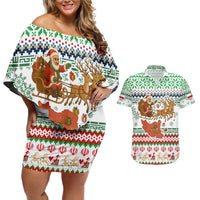 Iran Christmas Couples Matching Off Shoulder Short Dress and Hawaiian Shirt with Santa Sleigh Reindeer Map and Green Red Snowflake Pattern - Wonder Print Shop