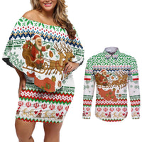 Iran Christmas Couples Matching Off Shoulder Short Dress and Long Sleeve Button Shirt with Santa Sleigh Reindeer Map and Green Red Snowflake Pattern - Wonder Print Shop