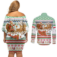 Iran Christmas Couples Matching Off Shoulder Short Dress and Long Sleeve Button Shirt with Santa Sleigh Reindeer Map and Green Red Snowflake Pattern - Wonder Print Shop