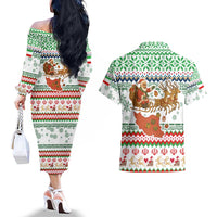 Iran Christmas Couples Matching Off The Shoulder Long Sleeve Dress and Hawaiian Shirt with Santa Sleigh Reindeer Map and Green Red Snowflake Pattern - Wonder Print Shop