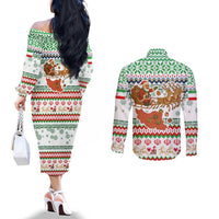 Iran Christmas Couples Matching Off The Shoulder Long Sleeve Dress and Long Sleeve Button Shirt with Santa Sleigh Reindeer Map and Green Red Snowflake Pattern - Wonder Print Shop