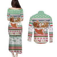 Iran Christmas Couples Matching Puletasi and Long Sleeve Button Shirt with Santa Sleigh Reindeer Map and Green Red Snowflake Pattern - Wonder Print Shop
