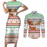 Iran Christmas Couples Matching Short Sleeve Bodycon Dress and Long Sleeve Button Shirt with Santa Sleigh Reindeer Map and Green Red Snowflake Pattern - Wonder Print Shop