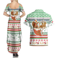Iran Christmas Couples Matching Summer Maxi Dress and Hawaiian Shirt with Santa Sleigh Reindeer Map and Green Red Snowflake Pattern - Wonder Print Shop