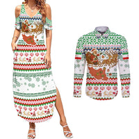 Iran Christmas Couples Matching Summer Maxi Dress and Long Sleeve Button Shirt with Santa Sleigh Reindeer Map and Green Red Snowflake Pattern - Wonder Print Shop