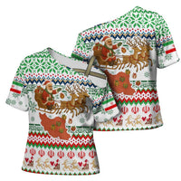 Iran Christmas Cross Shoulder Shirt with Santa Sleigh Reindeer Map and Green Red Snowflake Pattern - Wonder Print Shop