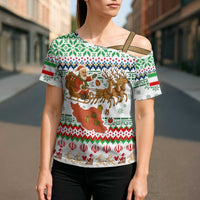 Iran Christmas Cross Shoulder Shirt with Santa Sleigh Reindeer Map and Green Red Snowflake Pattern - Wonder Print Shop