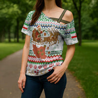 Iran Christmas Cross Shoulder Shirt with Santa Sleigh Reindeer Map and Green Red Snowflake Pattern - Wonder Print Shop