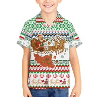 Iran Christmas Family Matching Off The Shoulder Long Sleeve Dress and Hawaiian Shirt with Santa Sleigh Reindeer Map and Green Red Snowflake Pattern - Wonder Print Shop