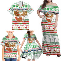 Iran Christmas Family Matching Off Shoulder Maxi Dress and Hawaiian Shirt with Santa Sleigh Reindeer Map and Green Red Snowflake Pattern - Wonder Print Shop