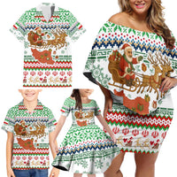 Iran Christmas Family Matching Off Shoulder Short Dress and Hawaiian Shirt with Santa Sleigh Reindeer Map and Green Red Snowflake Pattern - Wonder Print Shop