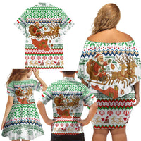 Iran Christmas Family Matching Off Shoulder Short Dress and Hawaiian Shirt with Santa Sleigh Reindeer Map and Green Red Snowflake Pattern - Wonder Print Shop