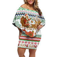 Iran Christmas Family Matching Off Shoulder Short Dress and Hawaiian Shirt with Santa Sleigh Reindeer Map and Green Red Snowflake Pattern - Wonder Print Shop