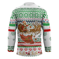 Iran Christmas Hockey Jersey with Santa Sleigh Reindeer Map and Green Red Snowflake Pattern - Wonder Print Shop