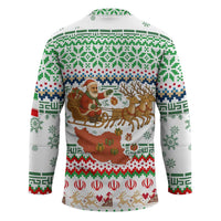 Iran Christmas Hockey Jersey with Santa Sleigh Reindeer Map and Green Red Snowflake Pattern - Wonder Print Shop