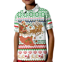 Iran Christmas Kid Polo Shirt with Santa Sleigh Reindeer Map and Green Red Snowflake Pattern - Wonder Print Shop